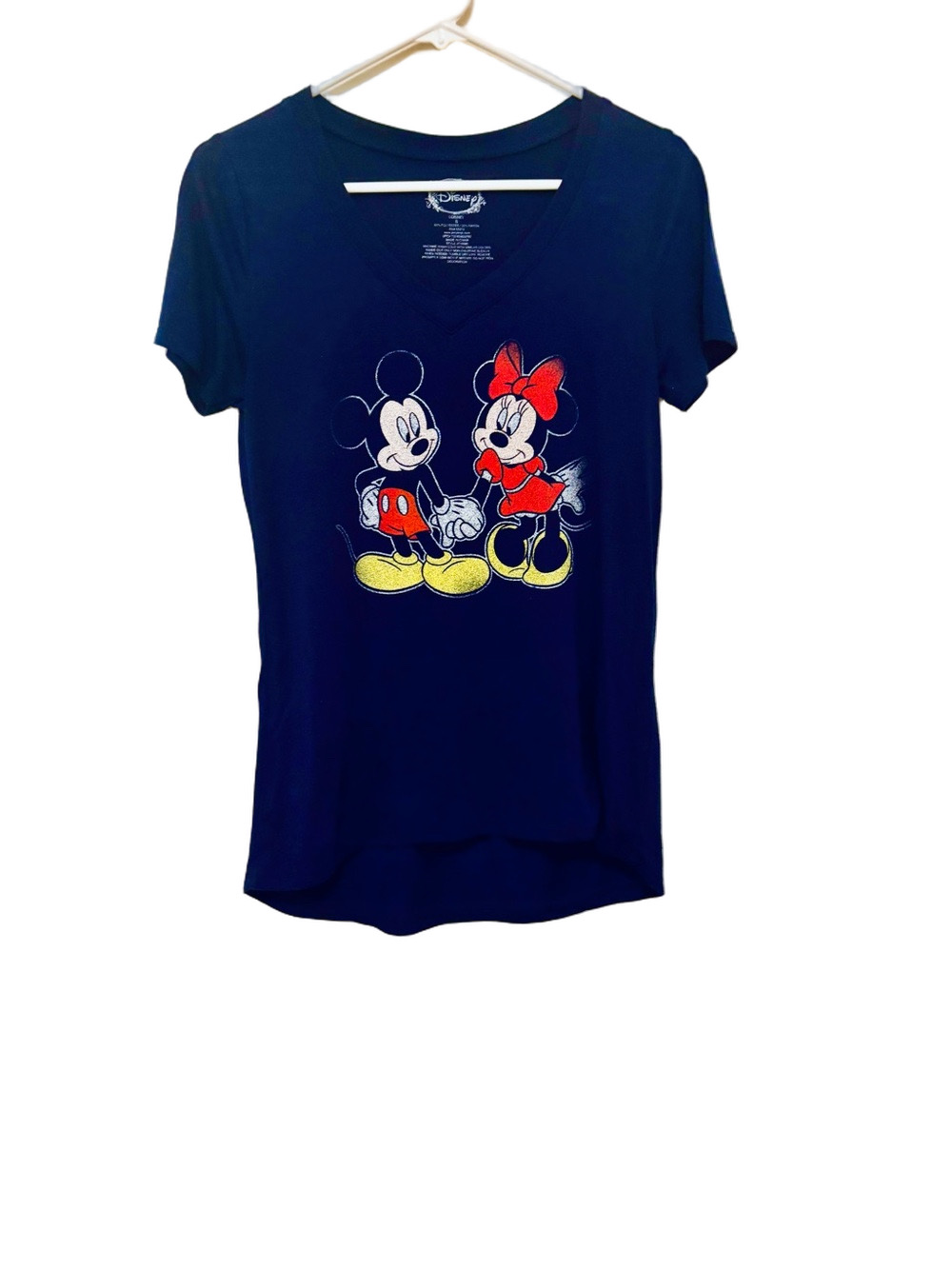 Disney Mickey & Minnie Mouse Navy Blue V Neck Graphic T Shirt Small